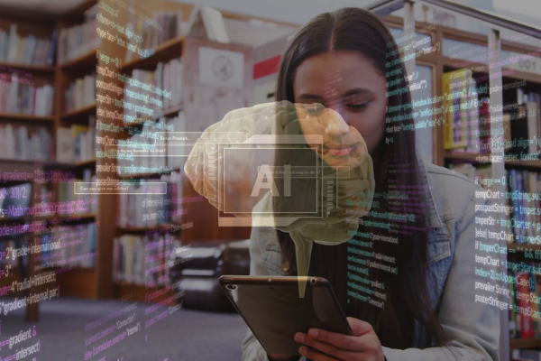 Image of ai text and data over biracial female student in hijab with tablet. Global artificial intelligence, connections, computing and data processing concept digitally generated image.